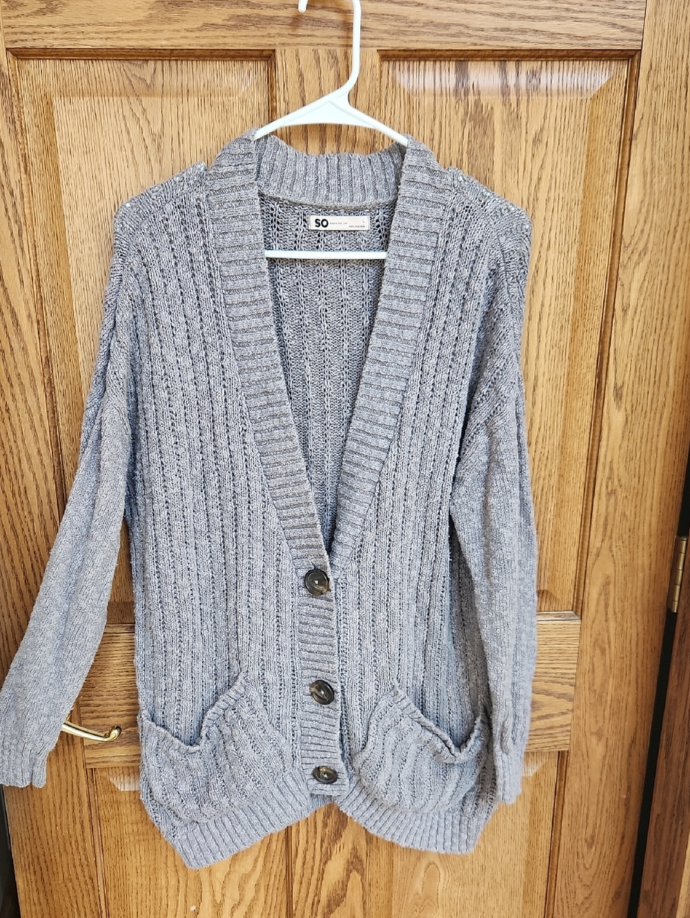 SO Gray Ribbed Open-Front Button Cardigan